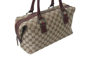 GUCCI グッチ ハンドバッグ 113009 GGキャンバス レザー ベージュ ボルドー シルバー金具 イタリア製 美品 中古 4b000158