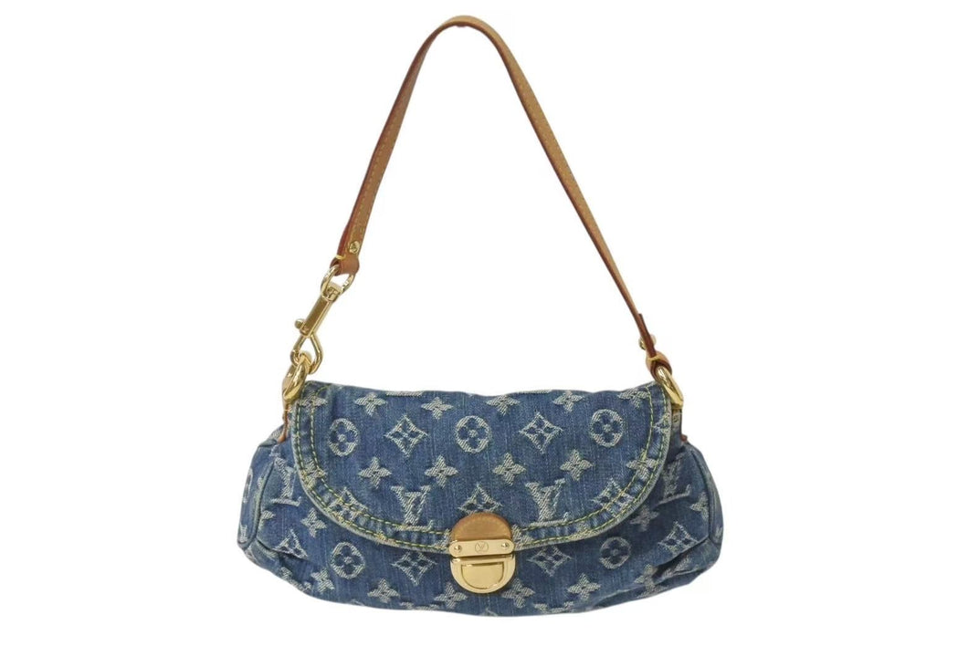 LOUIS VUITTON ルイヴィトン モノグラムデニム ミニプリーティ ハンドバッグ M95050 ヌメ革 ブルー ゴールド金具 美品 中古 4b000168
