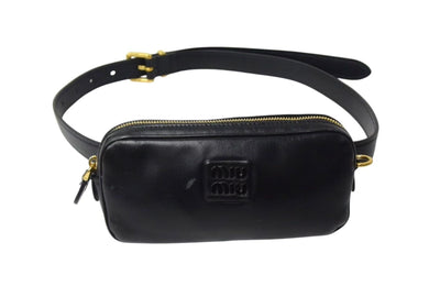 MIUMIU ミュウミュウ レザー ロゴ ベルトバッグ ブラック ウエストバッグ ゴールド金具 美品 中古 4b000249