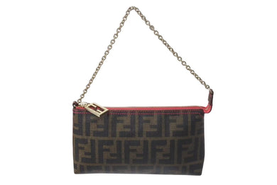 極美品 FENDI フェンディ アクセサリーポーチ ショルダーバッグ ズッカ PVCコーティングキャンバス 8BR592 ブラウン ゴールド金具 中古 4b000274