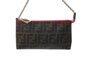 極美品 FENDI フェンディ アクセサリーポーチ ショルダーバッグ ズッカ PVCコーティングキャンバス 8BR592 ブラウン ゴールド金具 中古 4b000274