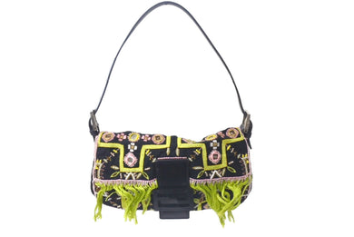 FENDI フェンディ ビーズ刺繍 マンマバケット ハンドバッグ ブラック マルチカラー キャンバス ビーズ レザー ワンショルダー 26424 美品 中古 4b000285