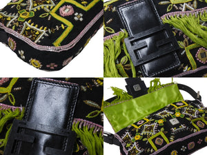 FENDI フェンディ ビーズ刺繍 マンマバケット ハンドバッグ ブラック マルチカラー キャンバス ビーズ レザー ワンショルダー 26424 美品 中古 4b000285