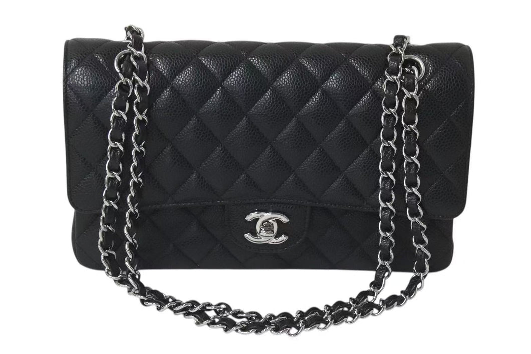 極美品 CHANEL シャネル マトラッセ25 チェーンショルダーバッグ ココマーク 19番台 キャビアスキン ブラック シルバー金具 中古 4b000297