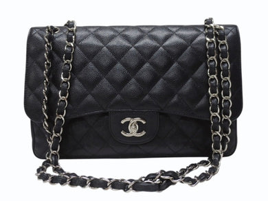 極美品 CHANEL シャネル デカマトラッセ30 Wフラップ Wチェーン ショルダーバッグ 17番台 キャビアスキン ブラック シルバー金具 中古 4b000303