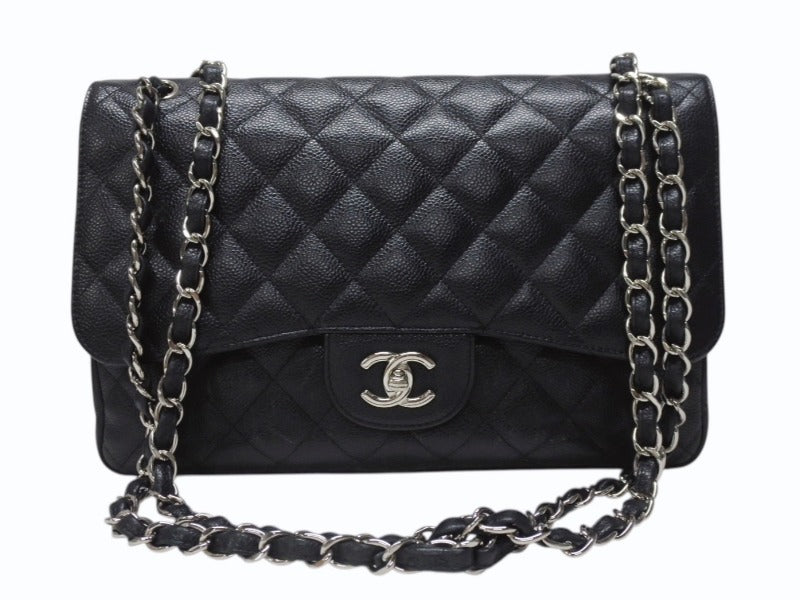 極美品 CHANEL シャネル デカマトラッセ30 Wフラップ Wチェーン ショルダーバッグ 17番台 キャビアスキン ブラック シルバー金具 中古 4b000303