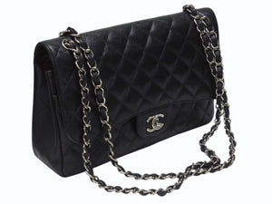 極美品 CHANEL シャネル デカマトラッセ30 Wフラップ Wチェーン ショルダーバッグ 17番台 キャビアスキン ブラック シルバー金具 中古 4b000303