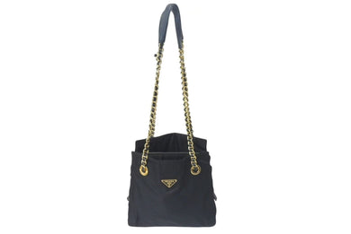 PRADA プラダ チェーンショルダーバッグ トートバッグ ハンドバッグ トライアングルロゴ B4394 ブラック ゴールド金具 美品 中古 4b000355 
