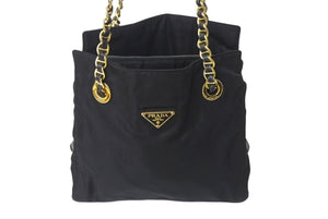 PRADA プラダ チェーンショルダーバッグ トートバッグ ハンドバッグ トライアングルロゴ B4394 ブラック ゴールド金具 美品 中古 4b000355 