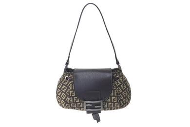 極美品 FENDI フェンディ ズッキーノ ミニ マンマバケット ハンドバッグ ベージュ ブラウン キャンバス レザー 8BR277 ロゴ シルバー金具 中古 4b000451