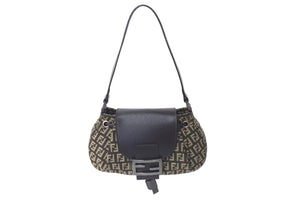 極美品 FENDI フェンディ ズッキーノ ミニ マンマバケット ハンドバッグ ベージュ ブラウン キャンバス レザー 8BR277 ロゴ シルバー金具 中古 4b000451