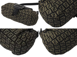 極美品 FENDI フェンディ ズッキーノ ミニ マンマバケット ハンドバッグ ベージュ ブラウン キャンバス レザー 8BR277 ロゴ シルバー金具 中古 4b000451