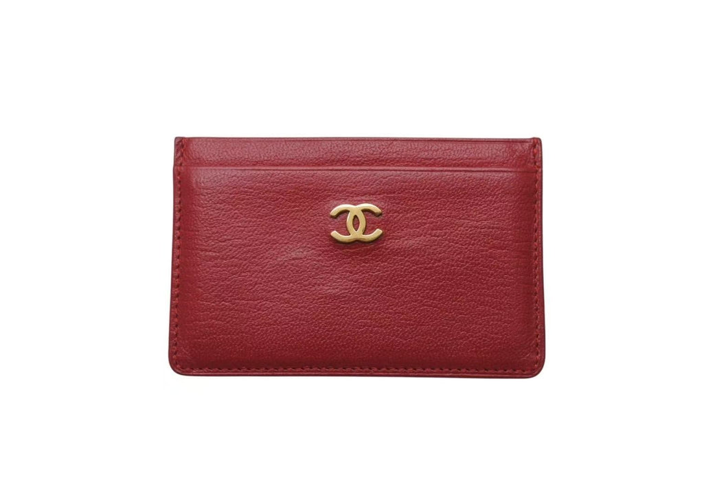 極美品 CHANEL シャネル ココマーク カードケース 7番台 2001年 ロゴ レザー レッド ゴールド金具 中古 4b000478