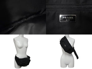 極美品 PRADA プラダ TESSUTO MONTAGN ウエストバッグ・ボディバッグ ロゴプレート 2VL005 ブラック ナイロン 中古 4b000485