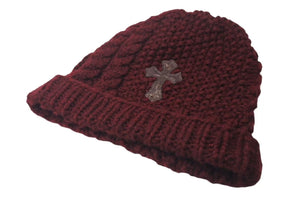 極美品 CHROME HEARTS クロムハーツ CHクロスパッチ カシミヤ ビーニー ニット帽 レザー シルバー925 レッド ONE SIZE 中古 4b000503