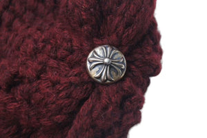 極美品 CHROME HEARTS クロムハーツ CHクロスパッチ カシミヤ ビーニー ニット帽 レザー シルバー925 レッド ONE SIZE 中古 4b000503