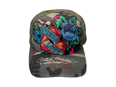 Ed Hardy エドハーディー Audigier エターナルラブ 刺繍 メッシュキャップ 帽子 デニム カモ グリーン 美品 中古 4b000518