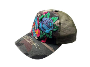 Ed Hardy エドハーディー Audigier エターナルラブ 刺繍 メッシュキャップ 帽子 デニム カモ グリーン 美品 中古 4b000518