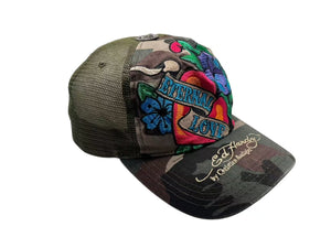 Ed Hardy エドハーディー Audigier エターナルラブ 刺繍 メッシュキャップ 帽子 デニム カモ グリーン 美品 中古 4b000518