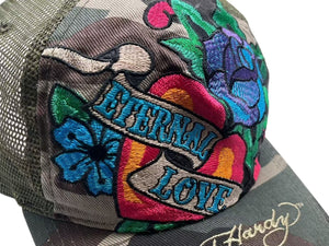 Ed Hardy エドハーディー Audigier エターナルラブ 刺繍 メッシュキャップ 帽子 デニム カモ グリーン 美品 中古 4b000518