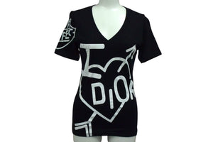 Christian Dior クリスチャンディオール 半袖VネックＴシャツ 4A16155957 ブラックホワイト コットン 良品 中古 4b000534