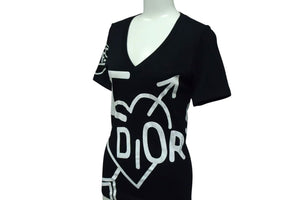 Christian Dior クリスチャンディオール 半袖VネックＴシャツ 4A16155957 ブラックホワイト コットン 良品 中古 4b000534