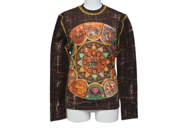 JEAN PAUL GAULTIER CLASSIQUE ジャンポールゴルチエ パワーネット シアートップス 12星座プリント柄 サイズ48 ブラウン 美品 中古 4b000538