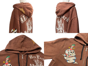 Ed Hardy エドハーディー グラフィックデザイン パーカージップアップ Y2K ブラウン サイズL 美品 4b000544