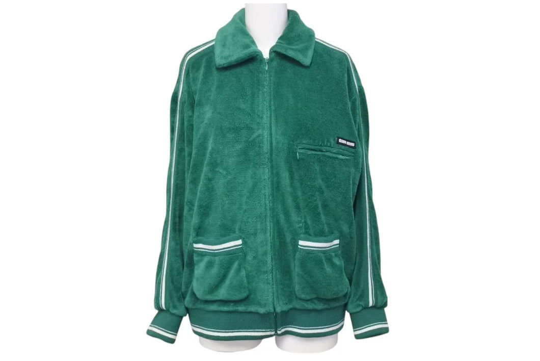 MIUMIU ミュウミュウ 21年 グリーン パイル ジップジャケット ML694 サイズ38 ブラウン 美品 中古 4b000577