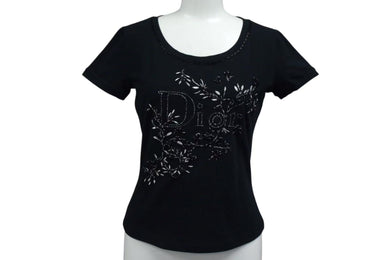 極美品 ChristianDior クリスチャンディオール ロゴ×ビーズ Tシャツ トップス コットン 5P16155973 ブラック サイズ40 中古 4b000581