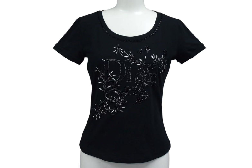 極美品 ChristianDior クリスチャンディオール ロゴ×ビーズ Tシャツ トップス コットン 5P16155973 ブラック サイズ40 中古 4b000581 