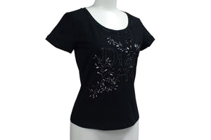 極美品 ChristianDior クリスチャンディオール ロゴ×ビーズ Tシャツ トップス コットン 5P16155973 ブラック サイズ40 中古 4b000581 