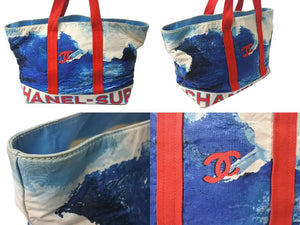CHANEL シャネル サーフライン ラージ トートバッグ ショルダーバッグ ７番台 ココマーク キャンバス ブルー ホワイト レッド 良品 中古 4b000738