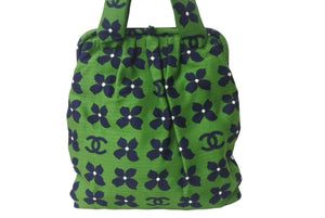 極美品 CHANEL シャネル がま口 トートバッグ 7番台 フラワーモチーフ ココマーク キャンバス ネイビー グリーン シルバー金具 中古 4b000753
