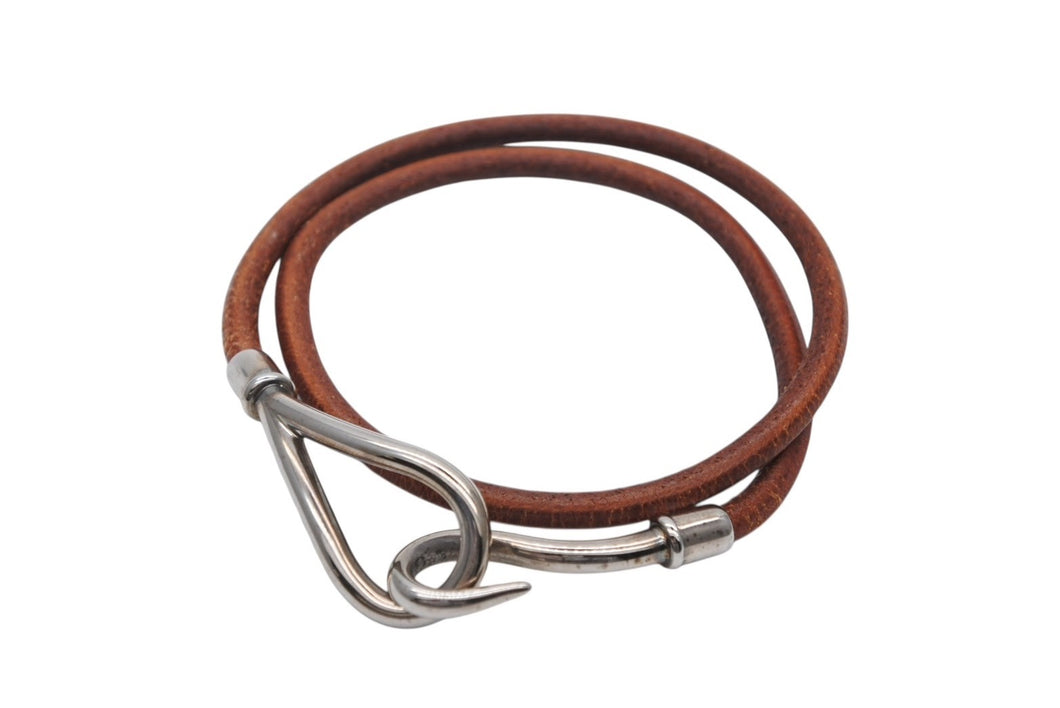 HERMES エルメス Jumbo H ジャンボチョーカー ネックレス 2連ブレスレット アクセサリー レザー ブラウン シルバー金具 美品 中古 4b007853