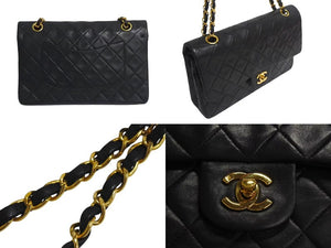 極美品 CHANEL シャネル マトラッセ25 Wフラップ Wチェーンショルダーバッグ 4番台 ラムスキン ココマーク ブラック ゴールド金具 中古 4b000826