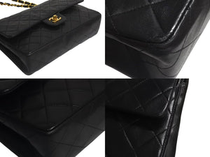 極美品 CHANEL シャネル マトラッセ25 Wフラップ Wチェーンショルダーバッグ 4番台 ラムスキン ココマーク ブラック ゴールド金具 中古 4b000826