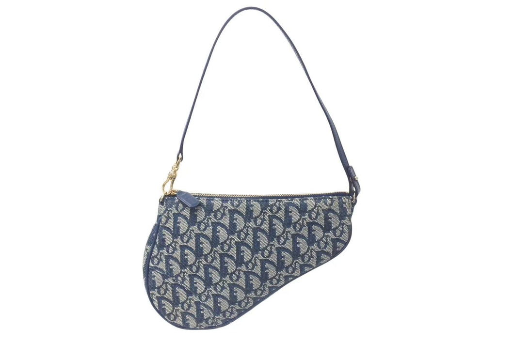 極美品 Christian Dior クリスチャンディオール トロッター サドルポーチ ワンショルダーバッグ MC0091 ネイビー 中古 4b000867
