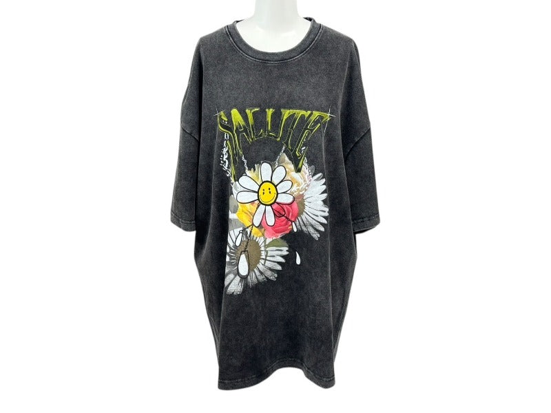 未使用 SALUTE サルーテ WASHED FLOWER VINTAGE T-SHIRT ヴィンテージ加工 フラワープリント クルーネックT ブラックシャツ サイズM 中古 4b000905 