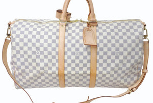極美品 LOUIS VUITTON ルイヴィトン ダミエ アズール キーポル55 ボストンバッグ N41429 PVC ヌメ革 ホワイト ブラウン 中古 4b000974