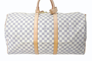 極美品 LOUIS VUITTON ルイヴィトン ダミエ アズール キーポル55 ボストンバッグ N41429 PVC ヌメ革 ホワイト ブラウン 中古 4b000974