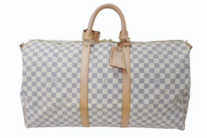 極美品 LOUIS VUITTON ルイヴィトン ダミエ アズール キーポル55 ボストンバッグ N41429 PVC ヌメ革 ホワイト ブラウン 中古 4b000974