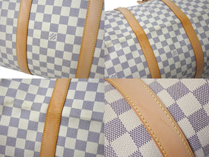 極美品 LOUIS VUITTON ルイヴィトン ダミエ アズール キーポル55 ボストンバッグ N41429 PVC ヌメ革 ホワイト ブラウン 中古 4b000974