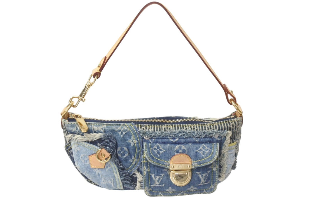 極美品 LOUISVUITTON ルイヴィトン パウチィ ワンショルダーバッグ M95382 パッチワーク モノグラムデニム ブルー 中古 4b000990