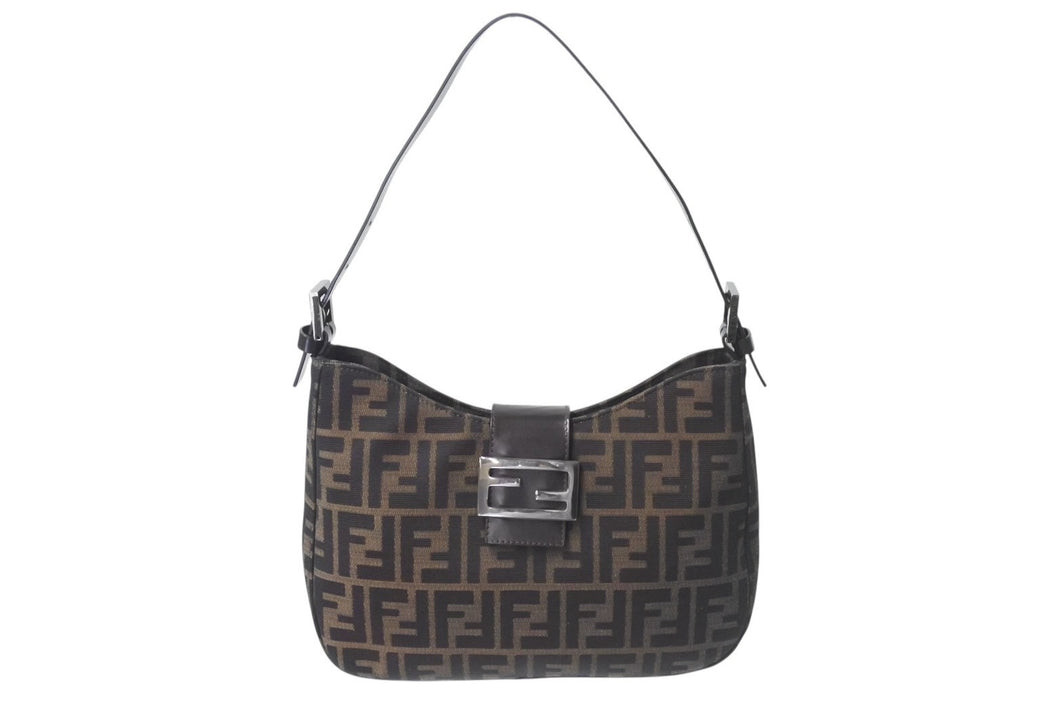 FENDI フェンディ マンマバケット ホーボー ワンショルダーバッグ 8BR036 ズッカ柄 キャンバス レザー ブラウン 美品 中古 4b000994