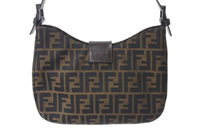 FENDI フェンディ マンマバケット ホーボー ワンショルダーバッグ 8BR036 ズッカ柄 キャンバス レザー ブラウン 美品 中古 4b000994