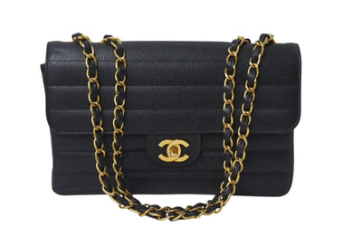 極美品 CHANEL シャネル マドモアゼル ショルダーバッグ シングルフラップ ダブルチェーン キャビアスキン ブラック ゴールド金具 3番台 中古 4b001079