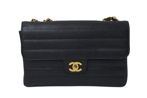 極美品 CHANEL シャネル マドモアゼル ショルダーバッグ シングルフラップ ダブルチェーン キャビアスキン ブラック ゴールド金具 3番台 中古 4b001079