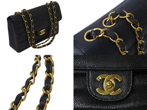 極美品 CHANEL シャネル マドモアゼル ショルダーバッグ シングルフラップ ダブルチェーン キャビアスキン ブラック ゴールド金具 3番台 中古 4b001079
