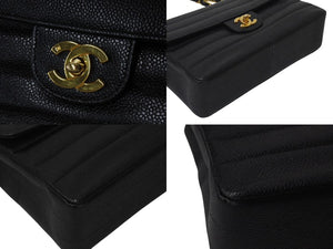 極美品 CHANEL シャネル マドモアゼル ショルダーバッグ シングルフラップ ダブルチェーン キャビアスキン ブラック ゴールド金具 3番台 中古 4b001079